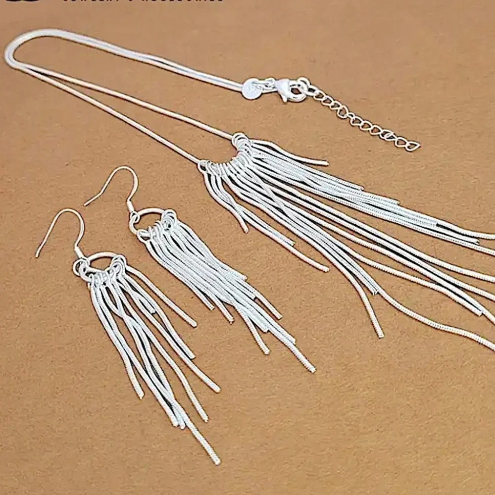 Tassel Sterling Silver Necklace Earrings Matching Set - Picture 1 of 8